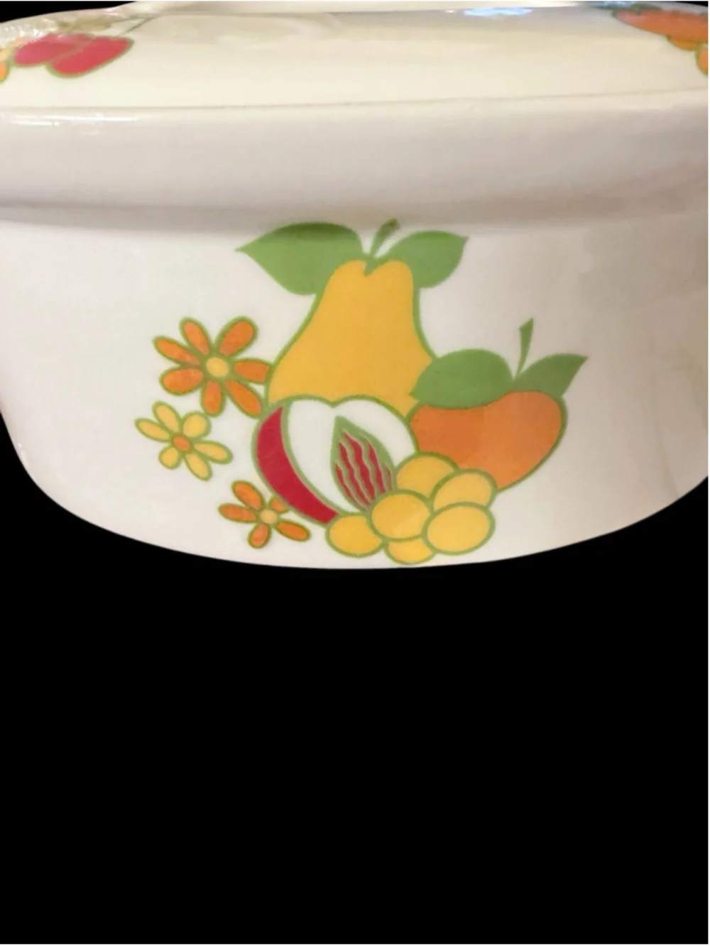 Vintage Cordon Bleu BIA France Lidded Casserole Set Fruit Pattern Stoneware 2pc